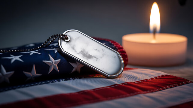 Dog tag resting on folded American flag with lit candle in background