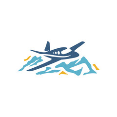 Small Plane Flying Through Mountain Valley Aviation Transportation Logo Design Vector