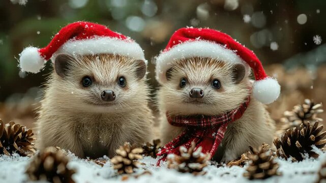 Adorable hedgehogs wearing santa hats in snowy winter scene. Merry Christmas. Happy New Year