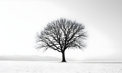 Fototapeta premium Solitary tree stands starkly against a snowy landscape offering a peaceful minimalist aesthetic
