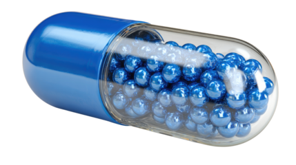 Blue medical capsule containing small blue sphere isolated on white background**