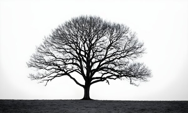 Dramatic leafless tree silhouette against stark white sky evokes winter landscape beauty