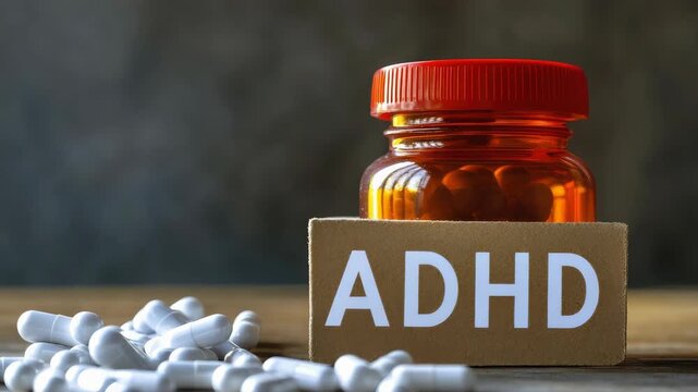 ADHD medication in bottle with pills scattered on table