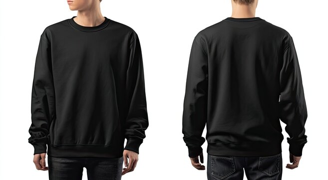 A plain black crewneck sweatshirt shown from front and back on a model against a white background.  The sweatshirt is long-sleeved and appears to be made of a soft, thick material