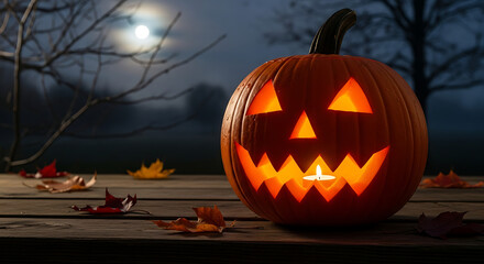 A vibrant, glowing jack-o'-lantern casting an eerie light on scattered autumn leaves, set against a mysterious, moonlit night sky, evoking the spirit of Halloween