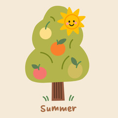 Summer Tree with Fruit and Smiling Sun Cartoon Illustration