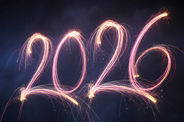 Sparkling 2026 New Year celebration with vibrant light trails, perfect for event promotions and festive greetings