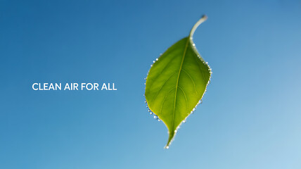 A single green leaf with water droplets against a clear blue sky, promoting clean air.