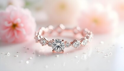 Elegant Rose Gold Ring with Gemstones and Pink Flowers on White Surface