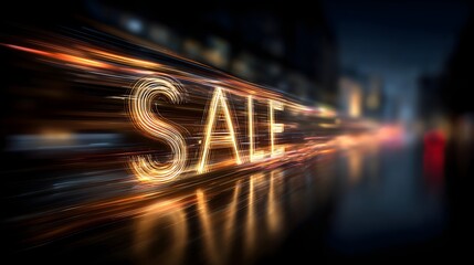 Bright metallic gold SALE typography shining in a vibrant city street at night with blurred lights