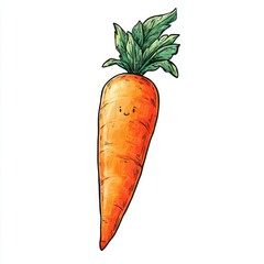 Cute Orange Cartoon Carrot with Green Leaves on White Background