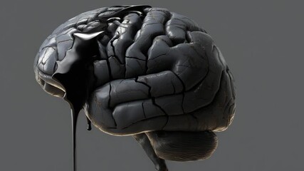 A brain with a black substance dripping from it. The substance is black and looks like oil. Symbolic cracked brain with thick black liquid leaking out, rotten moody conceptual corruption theme