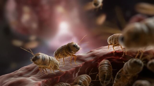 A group of bugs are crawling on a red surface. There are at least 13 bugs in the image. Realistic illustration of fly larvae developing inside human tissue, Myiasis medical educational concept