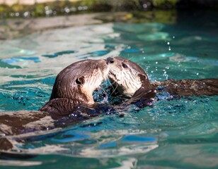 Two otters playfully interacting in water