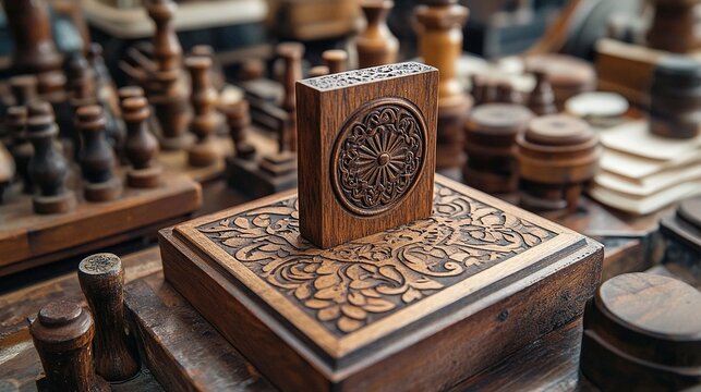 Beautifully crafted wooden stamp with intricate carvings, custom branding and vintage stationery