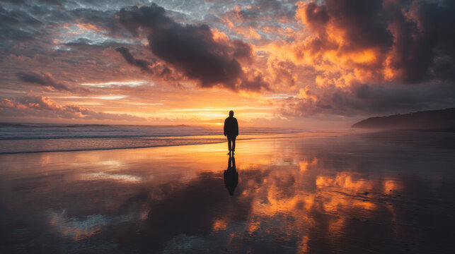 Walking on a serene beach at sunset with dramatic clouds reflecting in the wet sand and a solitary figure silhouetted against the vibrant horizon.