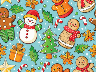 Winter Seamless Pattern with Snowman, Candy, and Stars on Blue Background