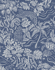Seamless tropical jungle pattern in monochrome line art style. exotic animals, palm trees, sea turtles, parrots, sloth, and wild plants. Hand-drawn botanical and wildlife illustration for textiles.