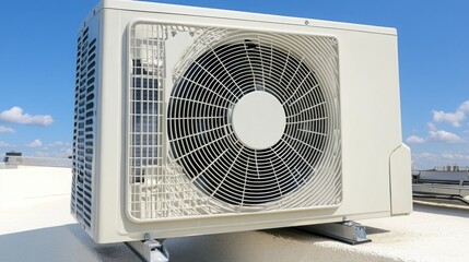 Fototapeta premium Rooftop industrial air conditioning units and ventilation pipes installed on a commercial building during daylight hours