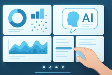 Hand selecting AI dashboard widget with charts, graphs and data panels, digital analytics and artificial intelligence interface
