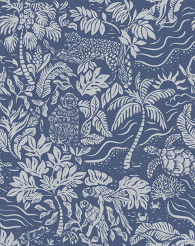 Seamless tropical jungle pattern in monochrome line art style. exotic animals, palm trees, sea turtles, parrots, sloth, and wild plants. Hand-drawn botanical and wildlife illustration for textiles.