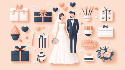 Wedding planning concept with visual elements of organizing a wedding, from ideas to execution.