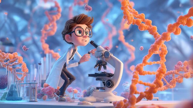 Cartoon Scientist Examining DNA with Microscope in Laboratory, Scientific Research, Medical Breakthrough, Genetic Engineering, Healthcare Innovation