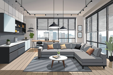 Modern apartment interior design illustration gray sectional sofa city view Vector illustration flat