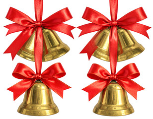 Four gold bells, adorned with red ribbons and bows, hanging in a symmetrical arrangement