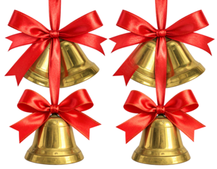 Four gold bells, adorned with red ribbons and bows, hanging in a symmetrical arrangement