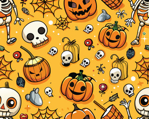 Spooky Halloween Seamless Pattern with Pumpkins, Ghosts, Skulls, and Spider Webs