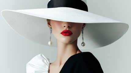 A stylish woman in a large white sunhat and elegant black outfit, showcasing bold red lips and statement earrings, exuding sophistication and glamour.