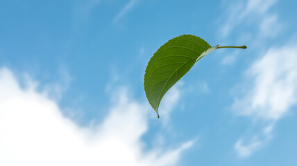 A single green leaf floating against a clear blue sky with scattered clouds