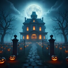 Creepy Haunted House with Jack-o'-Lanterns Under a Full Moon - Holiday and Celebration - Eerie Background and Scene