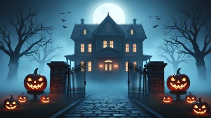 Spooky Haunted House with Jack-o'-Lanterns and Full Moon - Holiday and Celebration - Halloween Background and Banner