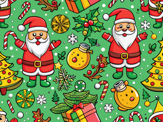 Merry Christmas Seamless Pattern with Santa Claus, Gifts, and Snowflakes on Green