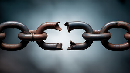 Obraz premium A close-up of a heavy metal chain with a broken link, symbolizing disruption or freedom.