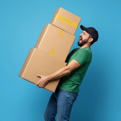 Exhausted Delivery Man Carrying Heavy Cardboard Boxes - Shipping and Hard Work - Stock Photo for Logistics and E-commerce