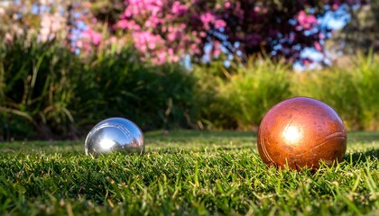 Two outdoor garden balls on grass