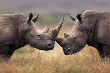 Obraz premium Two white rhinos interact headtohead in African savanna, showcasing their horns and thick skin in a display of dominance and connection in the wild.