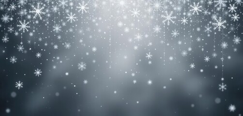 A cascade of crystal clear snowflakes elegantly falls against a smoky grey backdrop, creating a serene visual.