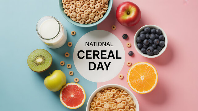 National Cereal Day celebration with breakfast cereals, milk, and fresh fruits arranged in a colorful flat lay