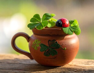 Clay mug with clover and ladybug