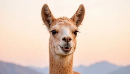 Fotobehang Dierenarts Llama smiling in soft light against a mountain backdrop at sunset    © VectorVille