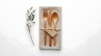 Elegant table setting with wooden fork, spoon and knife tied together with string and blank tag on beige napkin decorated with green leaf, minimalist dining and eco friendly concept background