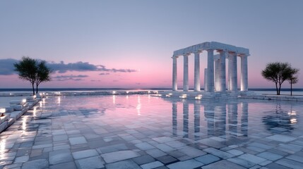 Obraz premium Ancient Temple Ruins with White Columns and Reflective Paved Ground Under Cloudy Pink Sky