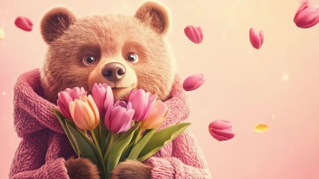 Cute teddy bear holding pink tulips with falling petals in a warm autumn scene. March 8, International Women's Day. Mother's Day. Spring