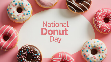 National Donut Day celebration with assorted colorful donuts arranged around a central text on a pink background