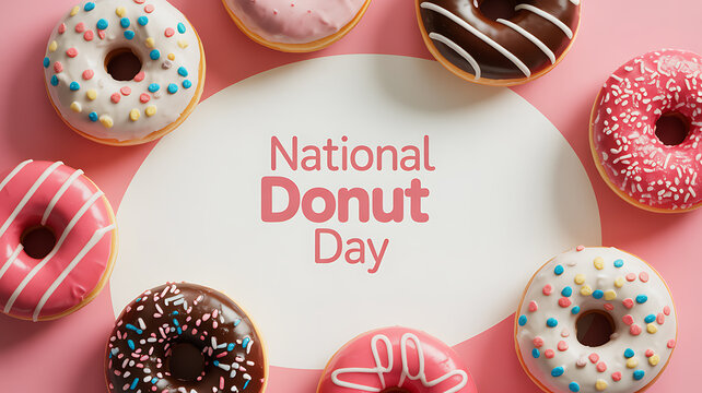 National Donut Day celebration with assorted colorful donuts arranged around a central text on a pink background