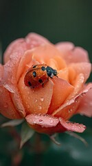 Ladybug on dewy rose petals